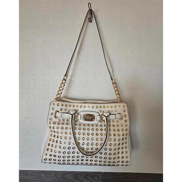 MICHAEL Michael Kors Handbags - Michael Kors Cream Studded Grommet Satchel w/ Gold Chain Strap